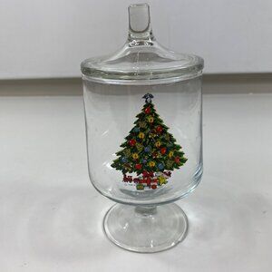 Vintage Christmas Tree Glass Jar With Lid By Sabin - Angel Topper Teddy Bear Tra